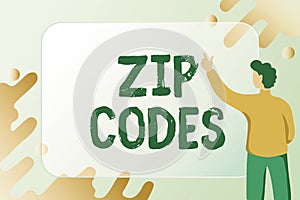 Text caption presenting Zip Codes. Business idea numbers added to a postal address to assist the sorting of mail