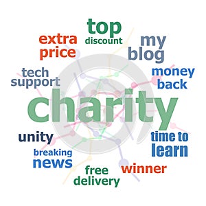Text Charity. Social concept . Word cloud collage. Background with lines and circles