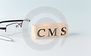 Text CMS - written on the wooden cubes on blue background