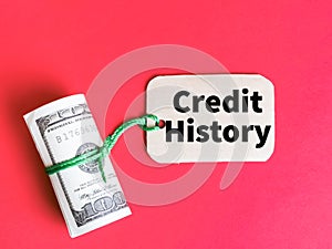 Text credit history written on tag label with fake money.