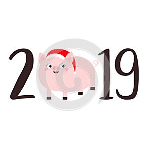 2019 text. Cute fat pig in santa hat. Pink piggy piglet. Happy New Year Chinise symbol. Cartoon funny kawaii smiling baby