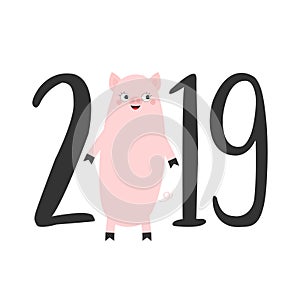 2019 text. Cute pig. Pink piggy piglet. Happy New Year Chinise symbol. Cartoon funny kawaii smiling baby character. Flat design.