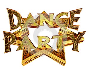 Text dance party on a golden star on a white background