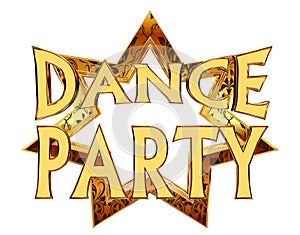 Text dance party on a golden star on a white background