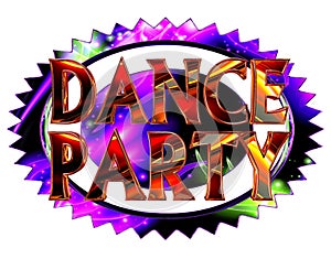 Text dance party on neon circle on white background