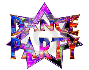 Text dance party on a neon star on a white background