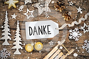 Text Danke, means Thanks, Rustic Wooden, Golden Christmas Decor