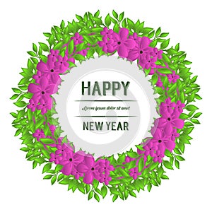 Text design of happy new year, with cute purple flower frame. Vector