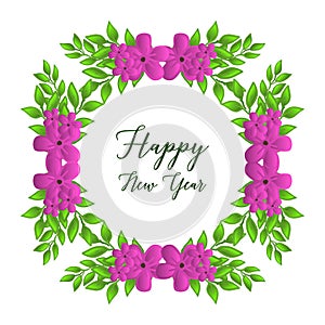 Text design of happy new year, with cute purple flower frame. Vector