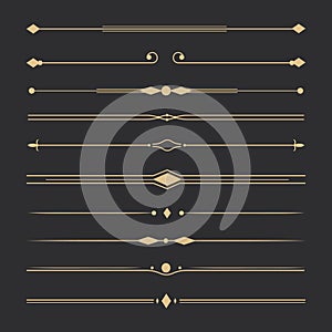 Text devider set, gold line minimal separators, elegant doodlle borders, decorative elements isolated on dark background