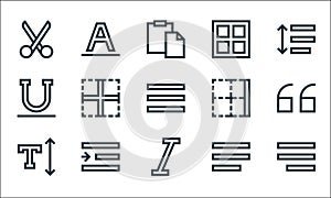 Text editor line icons. linear set. quality vector line set such as align right, italics, font, align left, right indent,