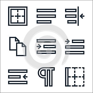 Text editor line icons. linear set. quality vector line set such as border, paragraph adjustment, left indent, right indent, right