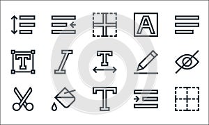 Text editor line icons. linear set. quality vector line set such as border, text, scissors, right indent, paint bucket, text, pen
