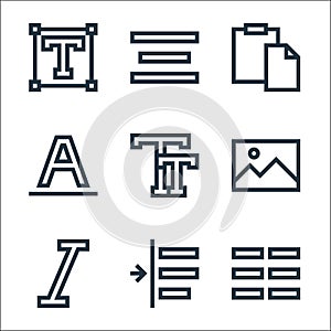 Text editor line icons. linear set. quality vector line set such as columns, indent, italics, picture, capital letter, font, paste