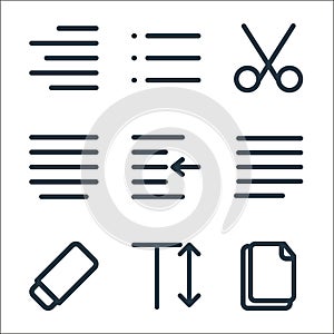 text editor line icons. linear set. quality vector line set such as copy, line spacing, eraser, justify paragraph, left indent,