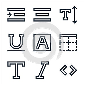 Text editor line icons. linear set. quality vector line set such as source, italics, text, border, font, underline, font, align