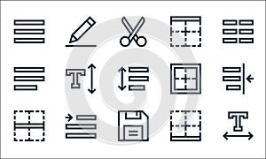 Text editor line icons. linear set. quality vector line set such as text, save, border, border, right indent, align left, border,