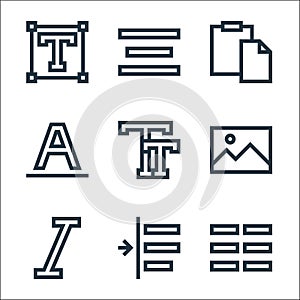 Text editor line icons. linear set. quality vector line set such as columns, indent, italics, picture, capital letter, font, paste photo