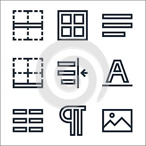 Text editor line icons. linear set. quality vector line set such as picture, paragraph adjustment, columns, font, left indent,