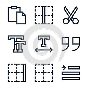 Text editor line icons. linear set. quality vector line set such as right indent, border, border, quote, text, capital letter, photo