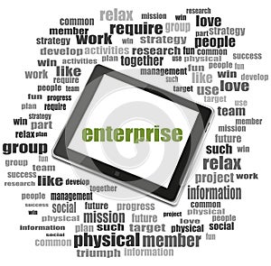 Text enterprise. Business concept . Tablet Pc. Word cloud collage
