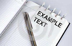 Text EXAMPLE TEXT on the short note texture background with pen