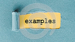 The text EXAMPLES appears on torn blue paper against a yellow background
