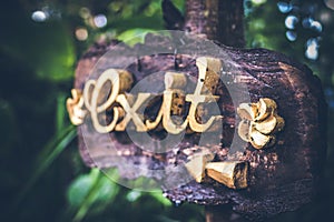 Text EXIT on a wooden plate in a rainforest jungle of tropical Bali island, Indonesia. EXIT inscription in the asian
