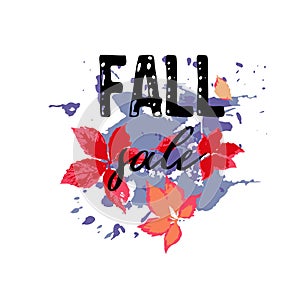 Text Fall Sale, discount banners.Red leaves with grunge elements