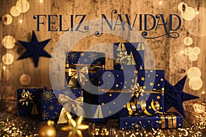 Text Feliz Navidad, Means Merry Christmas, Blue Christmas Gifts, Wooden Decor