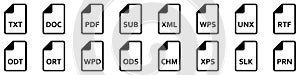 Text file formats icon. Set of vector linear icons of different text documents