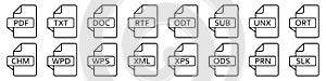 Text file formats icon. Set of vector linear icons of different text documents