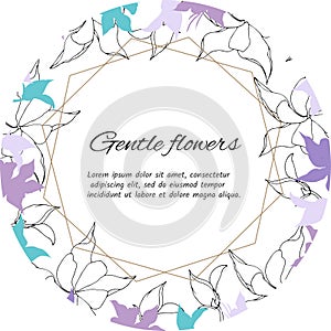 Text frame of gentle purple and white flowers. Spring set of floral patterns, for decorating cards