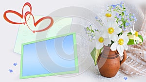 A text frame, hearts and a bouquet of flowers in a clay vase on a light background. Valentine's Day Concept