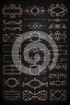 Text Frame thin line icons set. Outline sign border ornament kit. Linear collection of vintage design monogram template