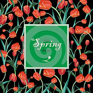 Text frame red spring tulips and white lilies of the valley