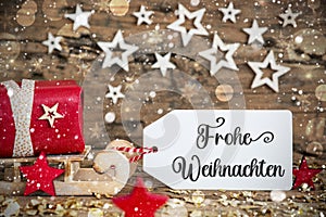 Text Frohe Weihnachten, Means Merry Christmas, Label With Sled, Christmas