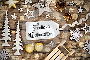 Text Frohe Weihnachten, Means Merry Christmas, Rustic Wooden, Golden Christmas