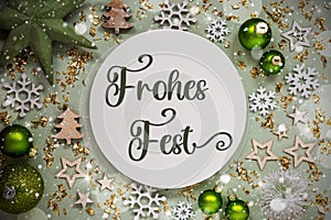 Text Frohes Fest, Means Happy Holidays, Green Christmas Decor, Snow