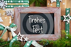 Text Frohes Fest, Means Happy Holidays, With Green Sustainable Winter Decor