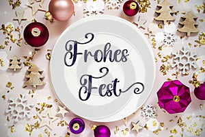 Text Frohes Fest, Means Happy Holidays, Purple Flatlay Christmas Decor