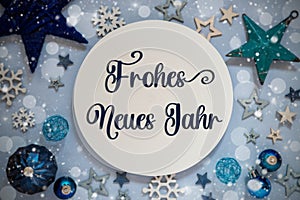 Text Frohes Neues Jahr, Means Happy New Year, Blue Flatlay Christmas Decor