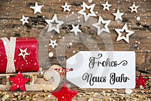 Text Frohes Neues Jahr, Means Happy New Year, Label With Sled, Christmas