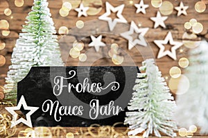 Text Frohes Neues Jahr, Means Happy New Year, Rustic Christmas Tree Decor