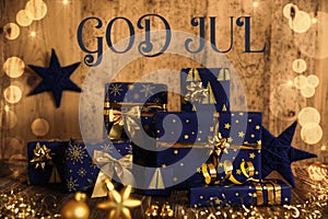 Text God Jul, Means Merry Christmas, Blue Christmas Gifts, Wooden Winter Decor