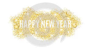 The text is from gold particles for the New Year. Gold glitter. Christmas lights. Christmas golden background for banner, flyer. G