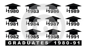 Text with graduation hat 1980-1991 set on a white illustration