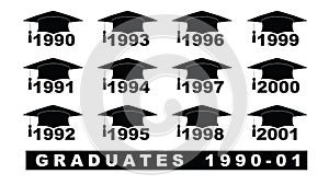 Text with graduation hat 1990-2001 set on a white illustration