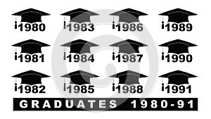 Text with graduation hat 1980-1991 set on a white illustration photo