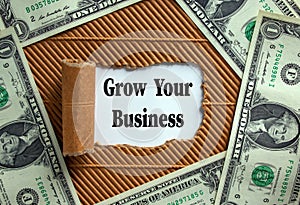 The text `grow your business` appearing behind torn brown paper. Dollar bills. Business concept